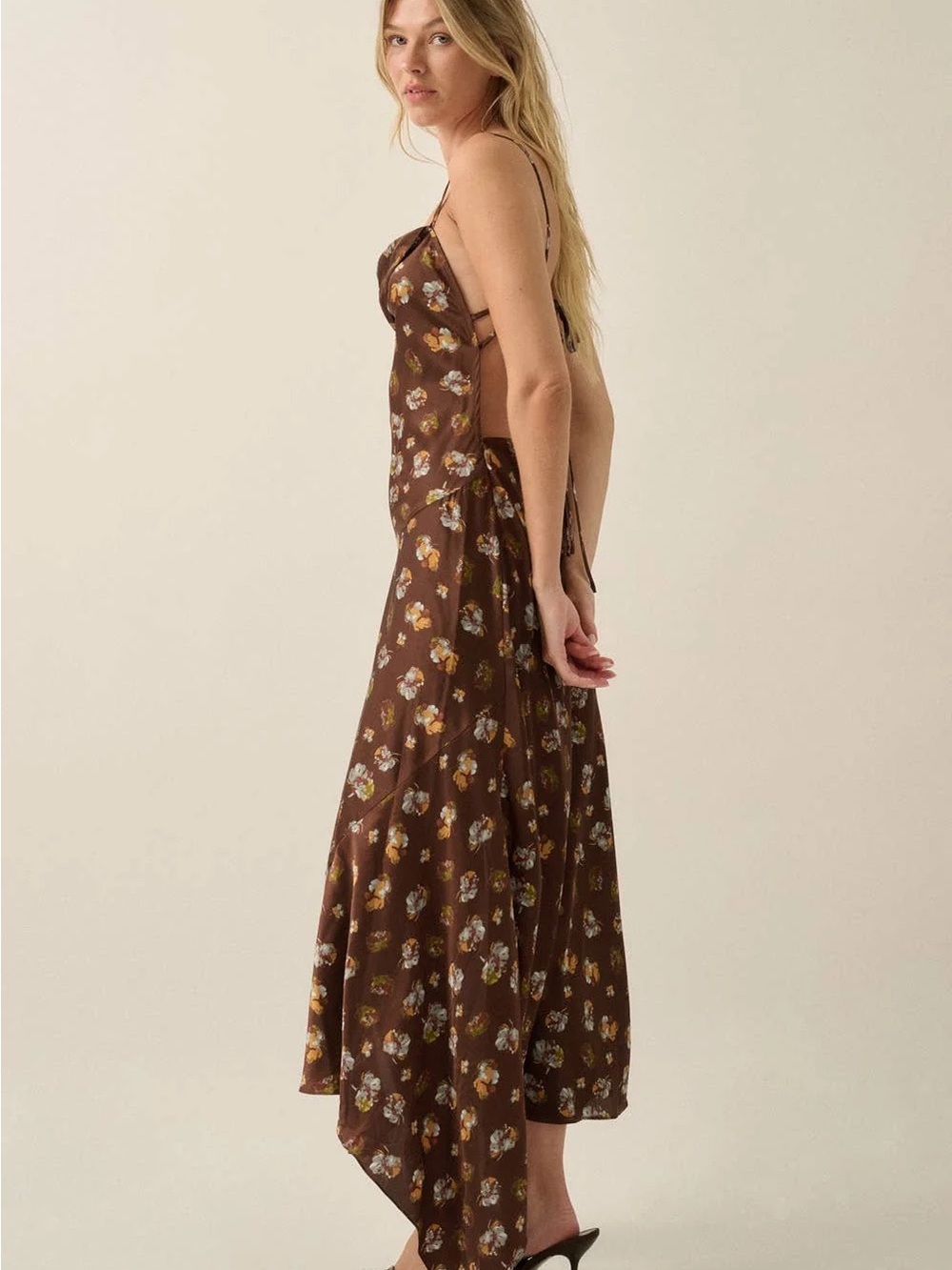 Floral Satin Asymmetrical Cowl-Neck Open-Back Maxi Dress | Promesa - Picture 5 of 6